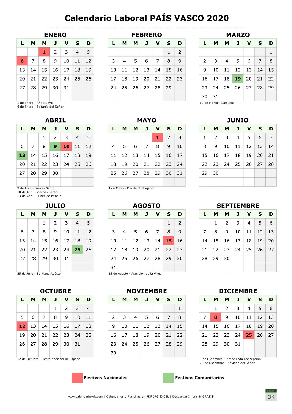 Calendario Laboral PAÍS VASCO 2020
