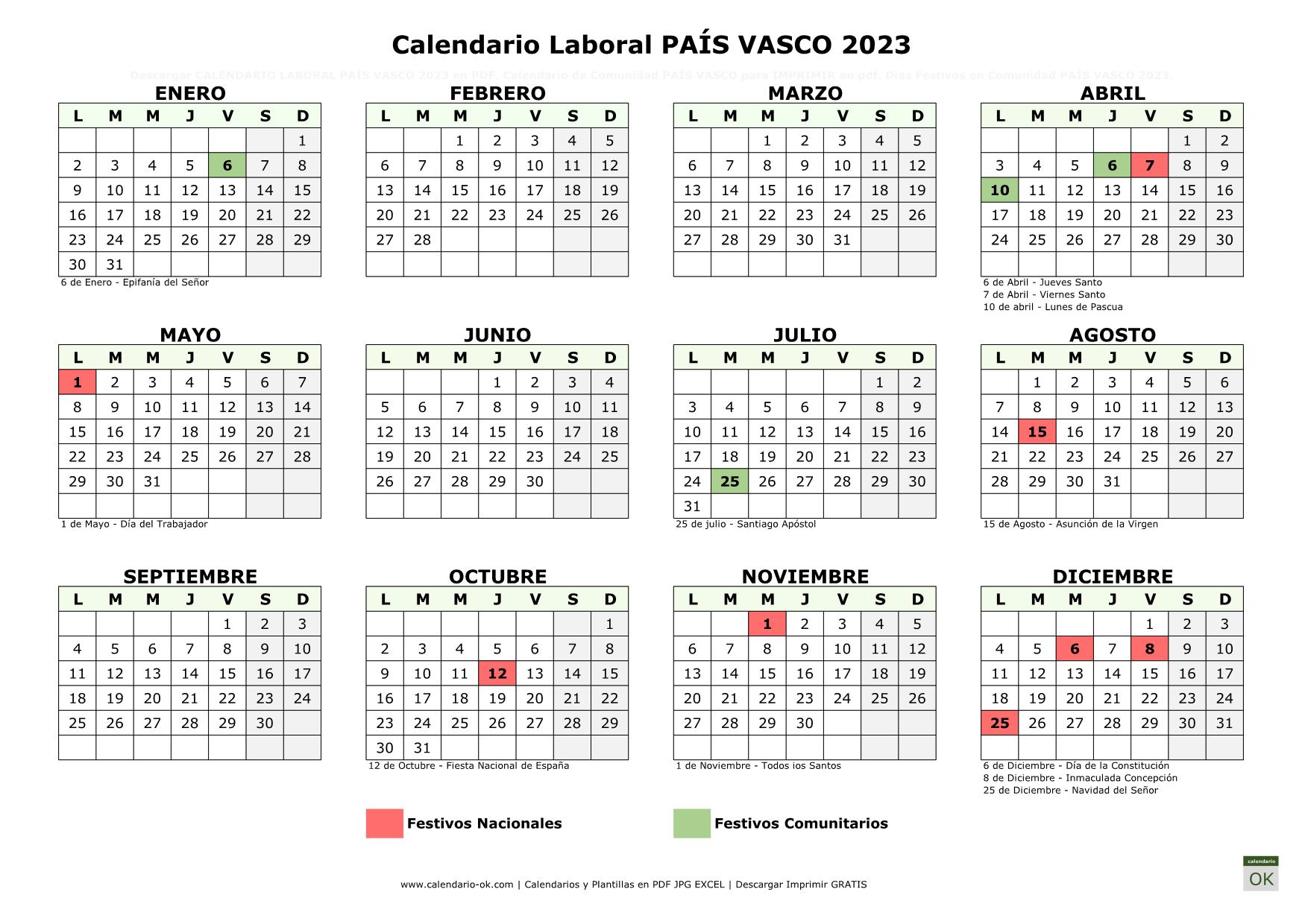 Festivos En Euskadi 2023 ▷ Calendario Laboral 【PAÍS VASCO 2023】 para IMPRIMIR