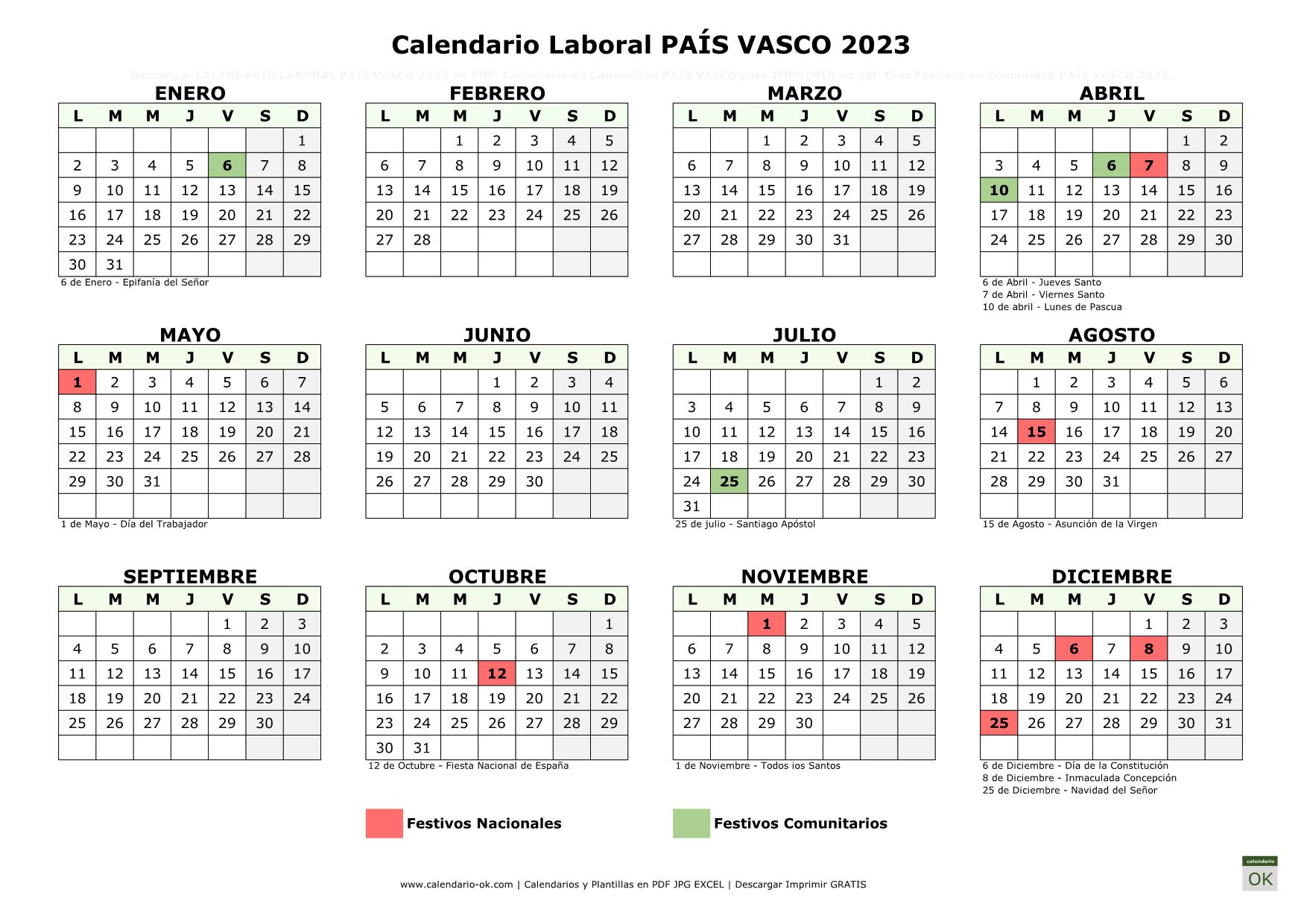 Festivos 2023 Pais Vasco ▷ Calendario Laboral 【PAÍS VASCO 2023】 para IMPRIMIR