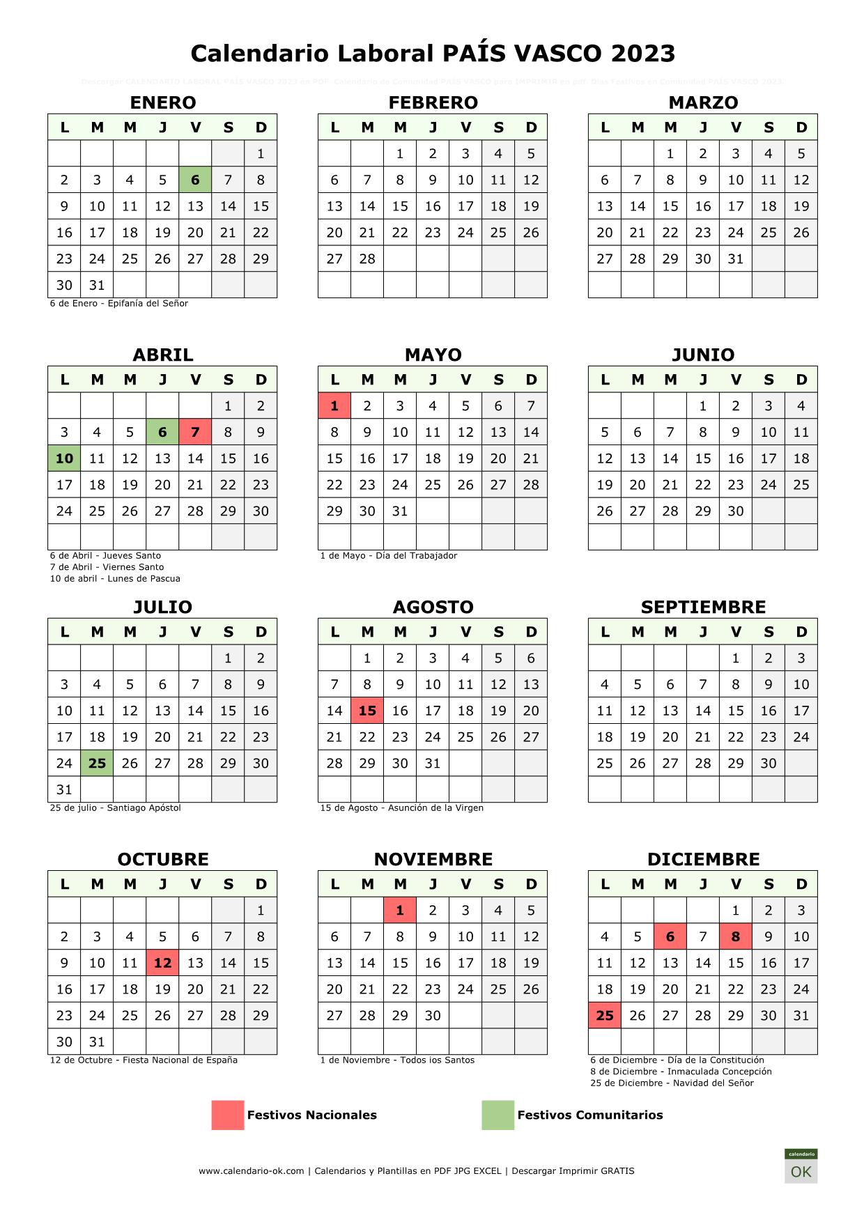 Calendario Laboral PAÍS VASCO 2023