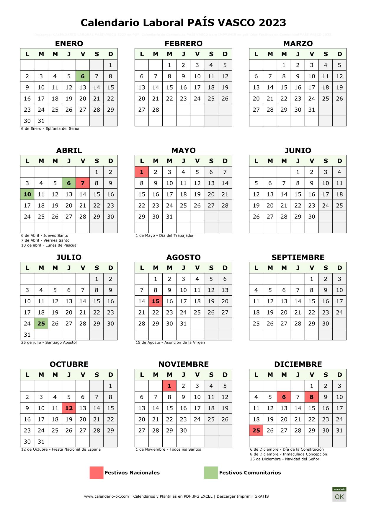 Fiesta Pais Vasco 2023 ▷ Calendario Laboral 【PAÍS VASCO 2023】 para IMPRIMIR