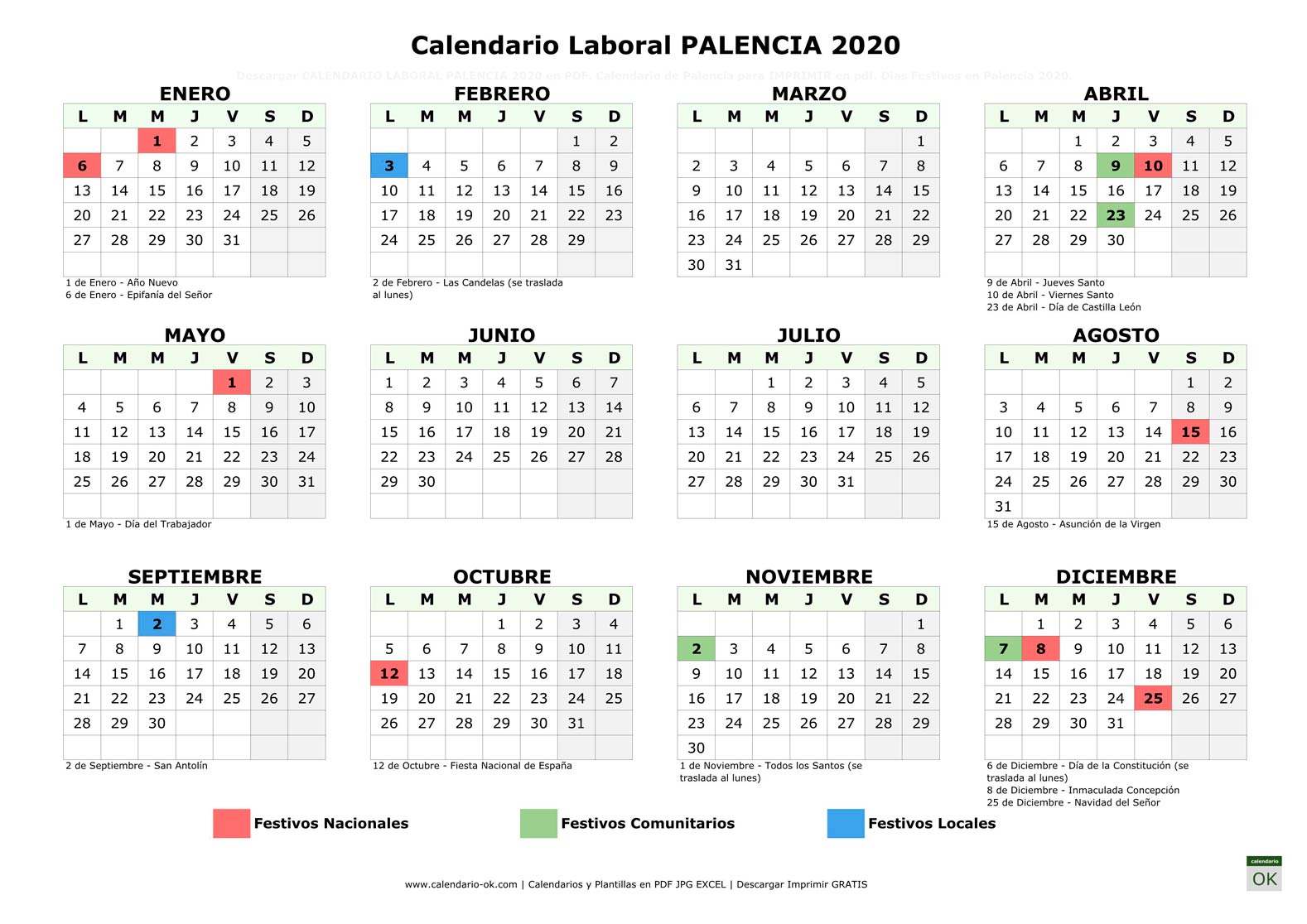 Calendario Laboral PALENCIA 2020 horizontal