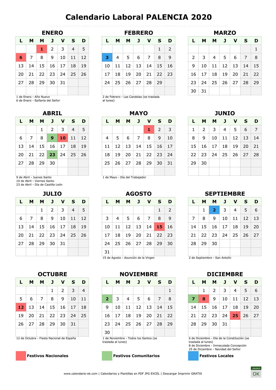 Calendario Laboral PALENCIA 2020