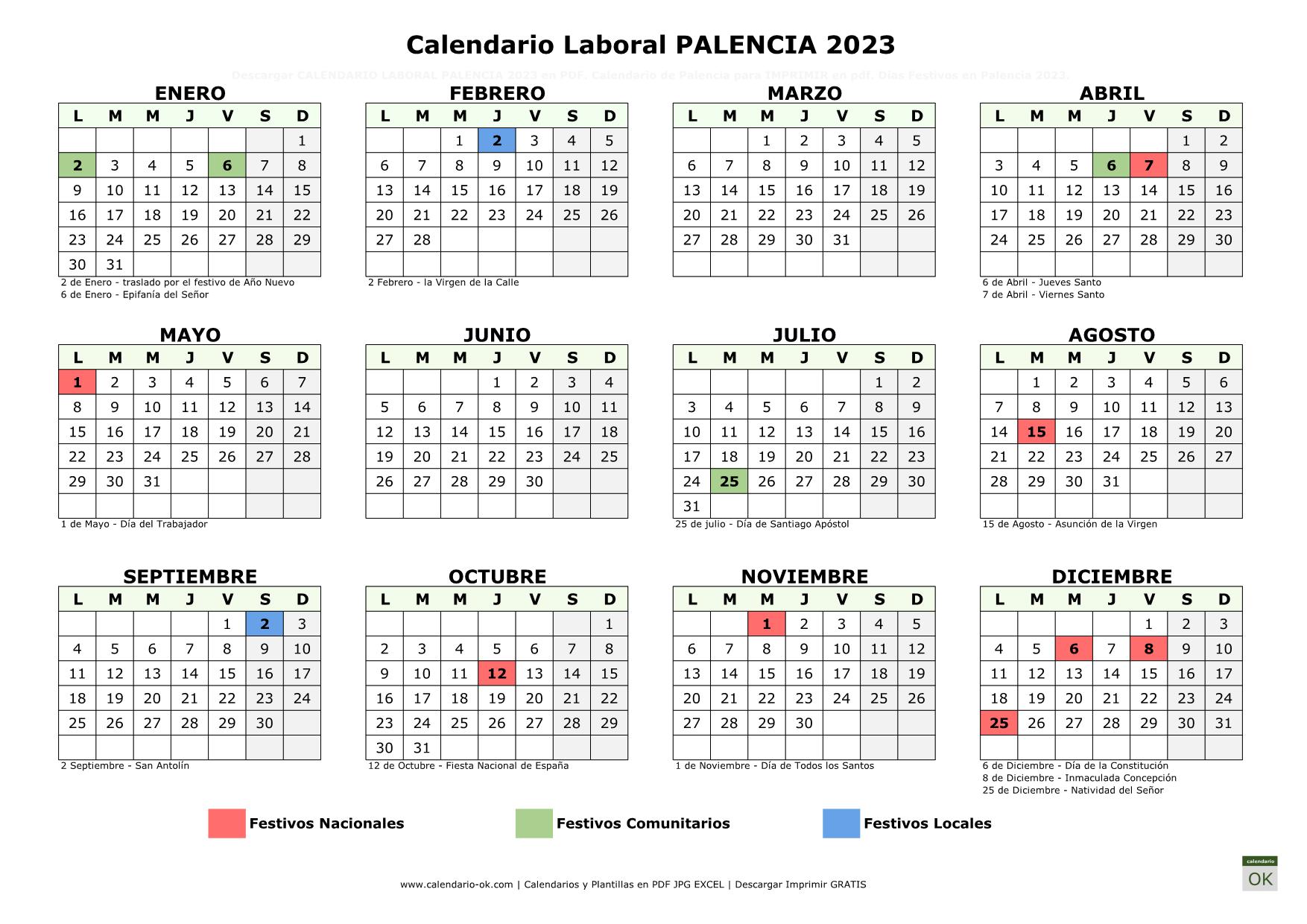 Calendario Laboral Palencia 2023 horizontal
