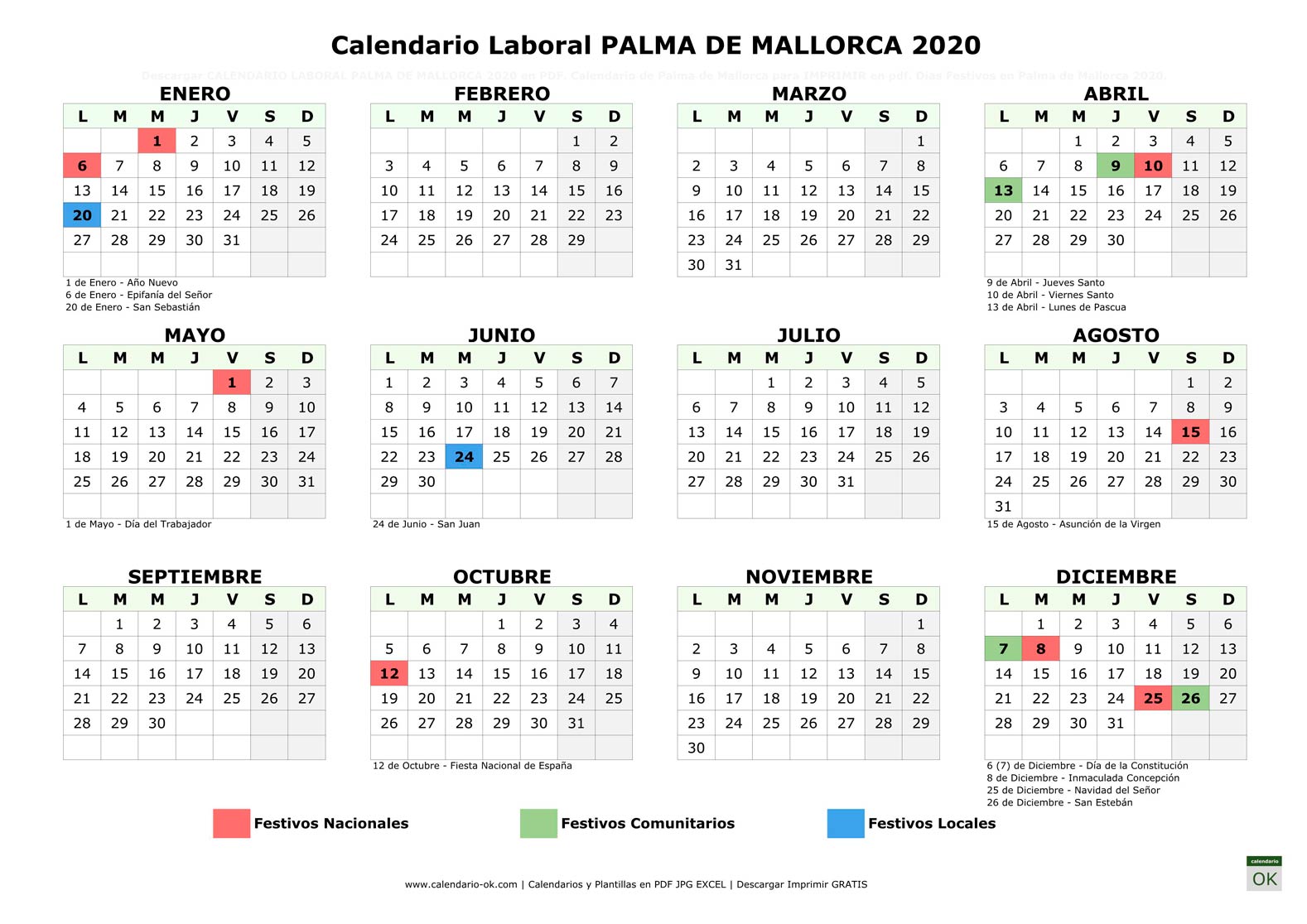 Calendario Laboral PALMA DE MALLORCA 2020 horizontal