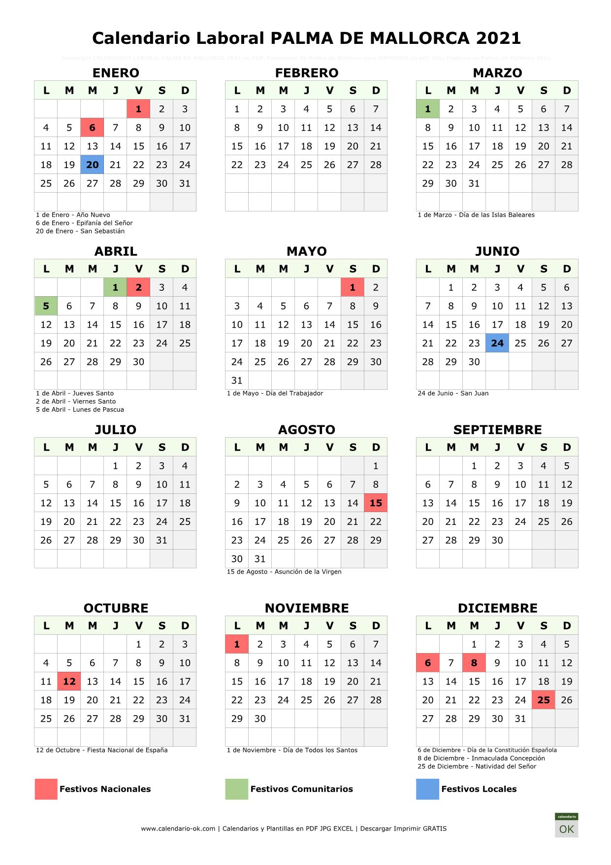 Dias Festivos Palma 2023 ▷ Calendario Laboral 【PALMA DE MALLORCA 2021】 para IMPRIMIR