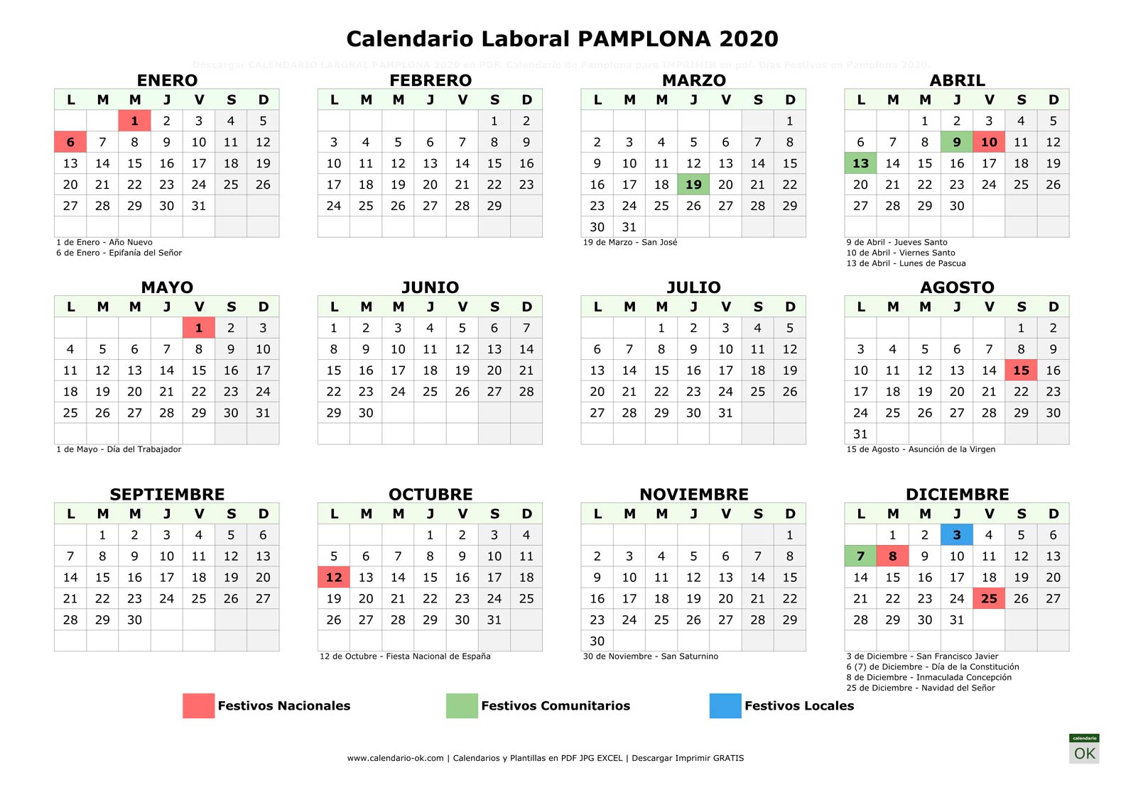 Calendario Laboral PAMPLONA 2020 horizontal