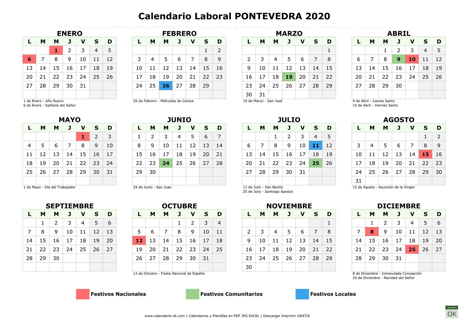 Calendario Laboral PONTEVEDRA 2020 horizontal