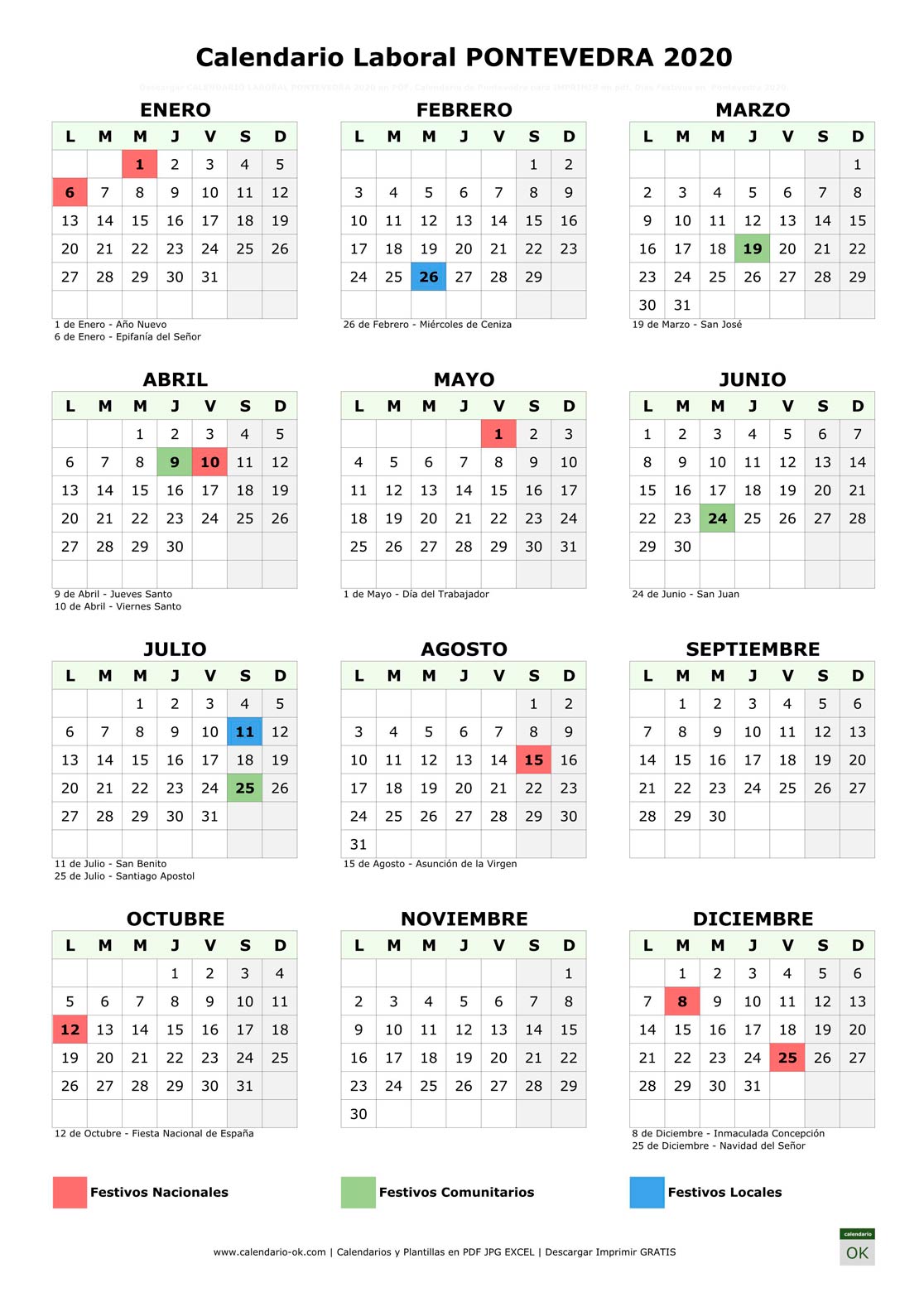 Calendario Laboral PONTEVEDRA 2020