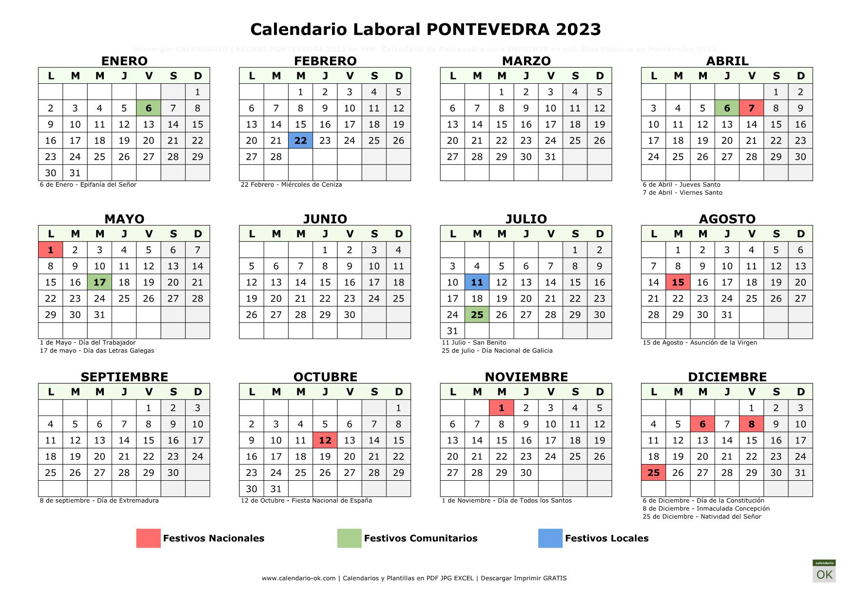 Calendario Laboral Pontevedra 2023 horizontal