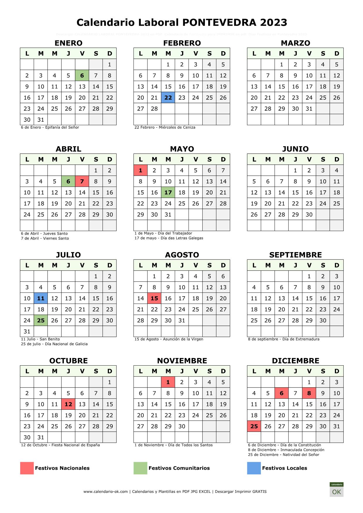 Calendario Laboral Pontevedra 2023 vertical