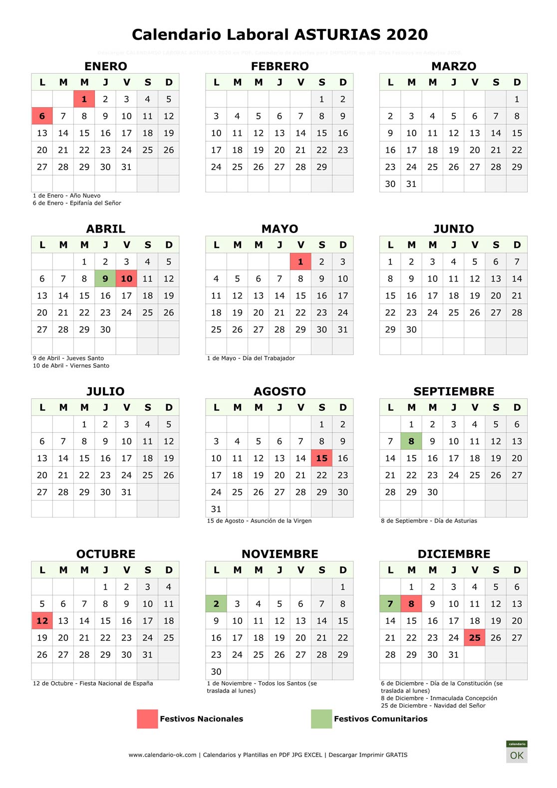 Calendario Laboral Principado de Asturias 2020