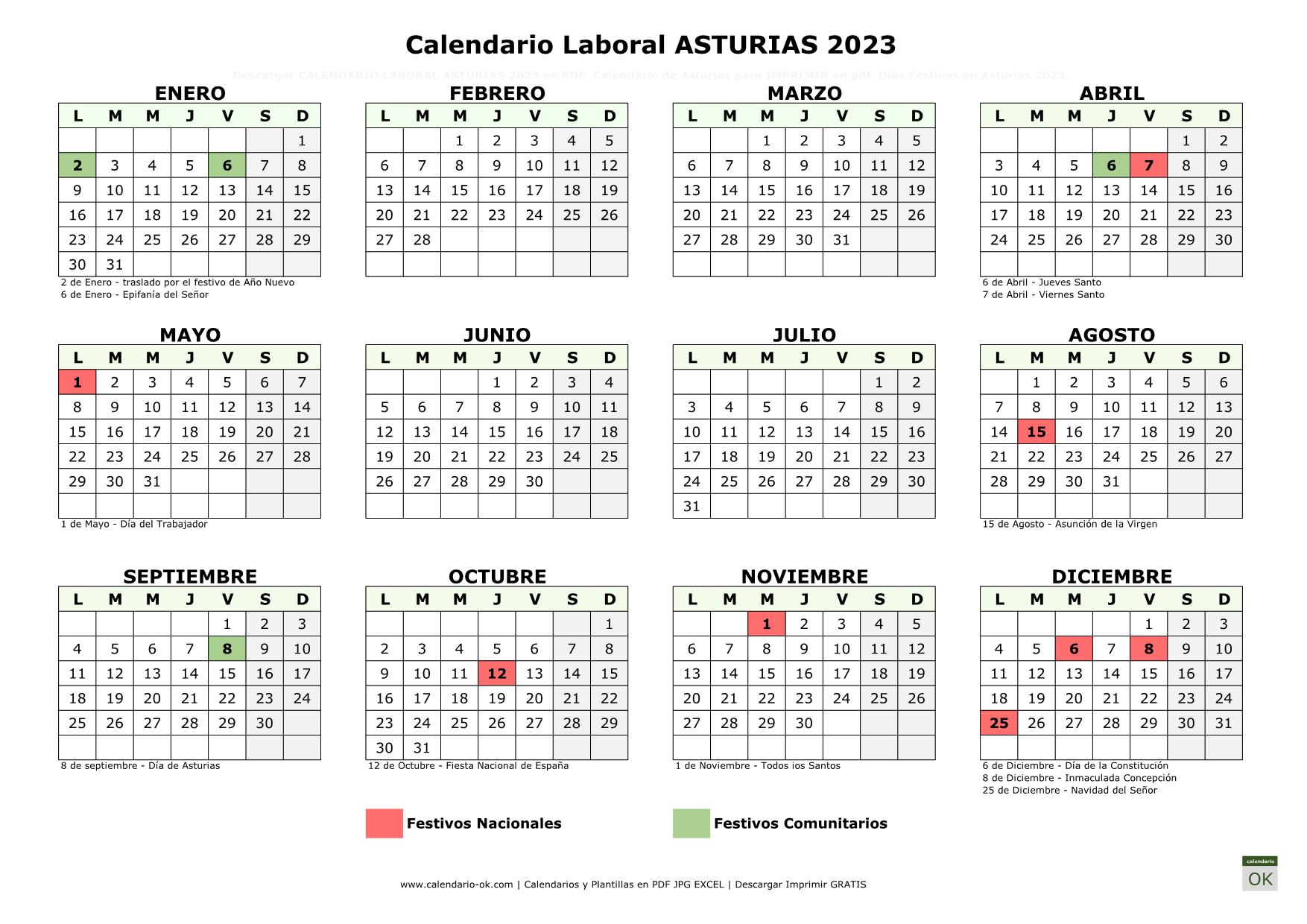 Calendario Laboral Principado de Asturias 2023 horizontal