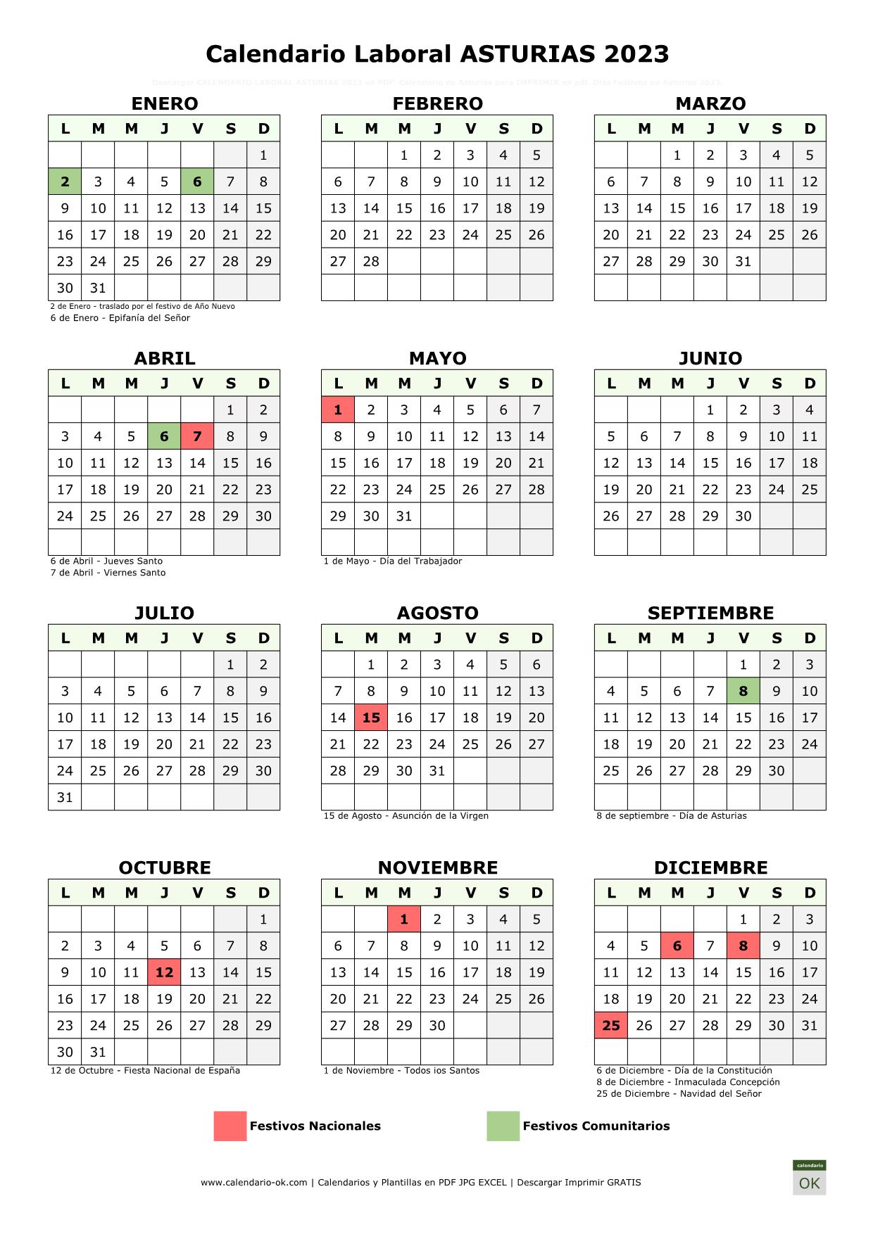 Calendario Laboral Principado de Asturias 2023