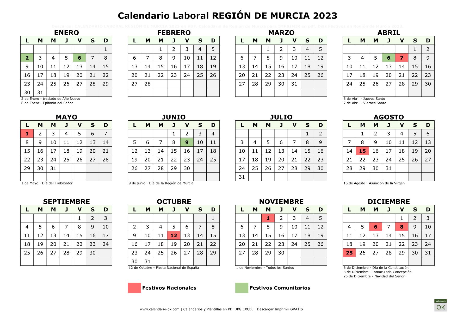 Calendario Laboral REGIÓN DE MURCIA 2023 horizontal