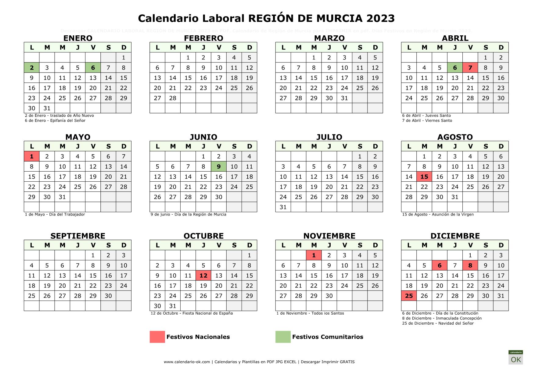 Dias Festivos En Murcia ▷ Calendario Laboral 【REGIÓN DE MURCIA 2023】 para IMPRIMIR