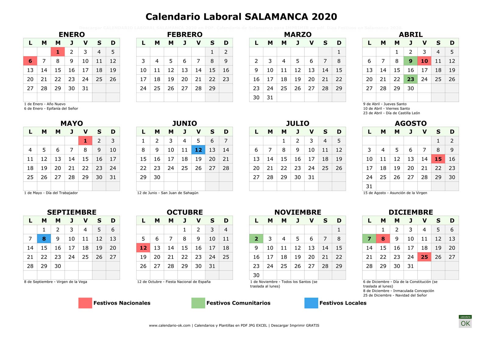 Calendario Laboral SALAMANCA 2020 horizontal