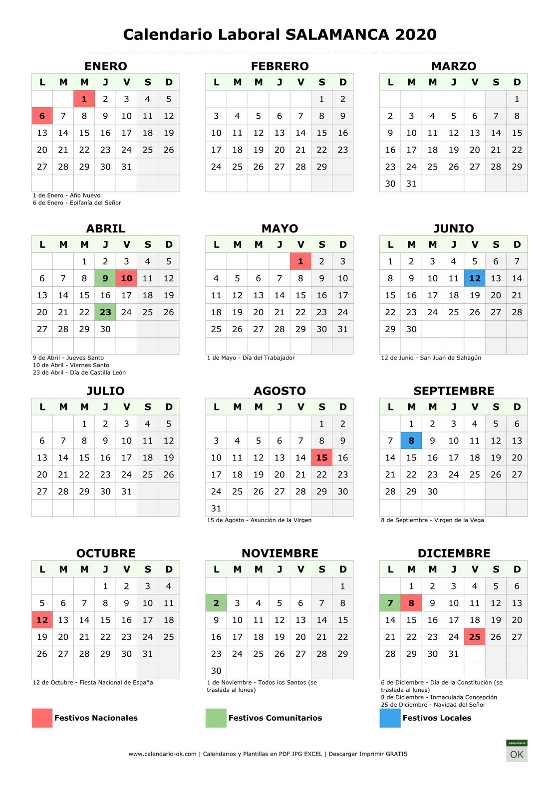 Calendario Laboral SALAMANCA 2020
