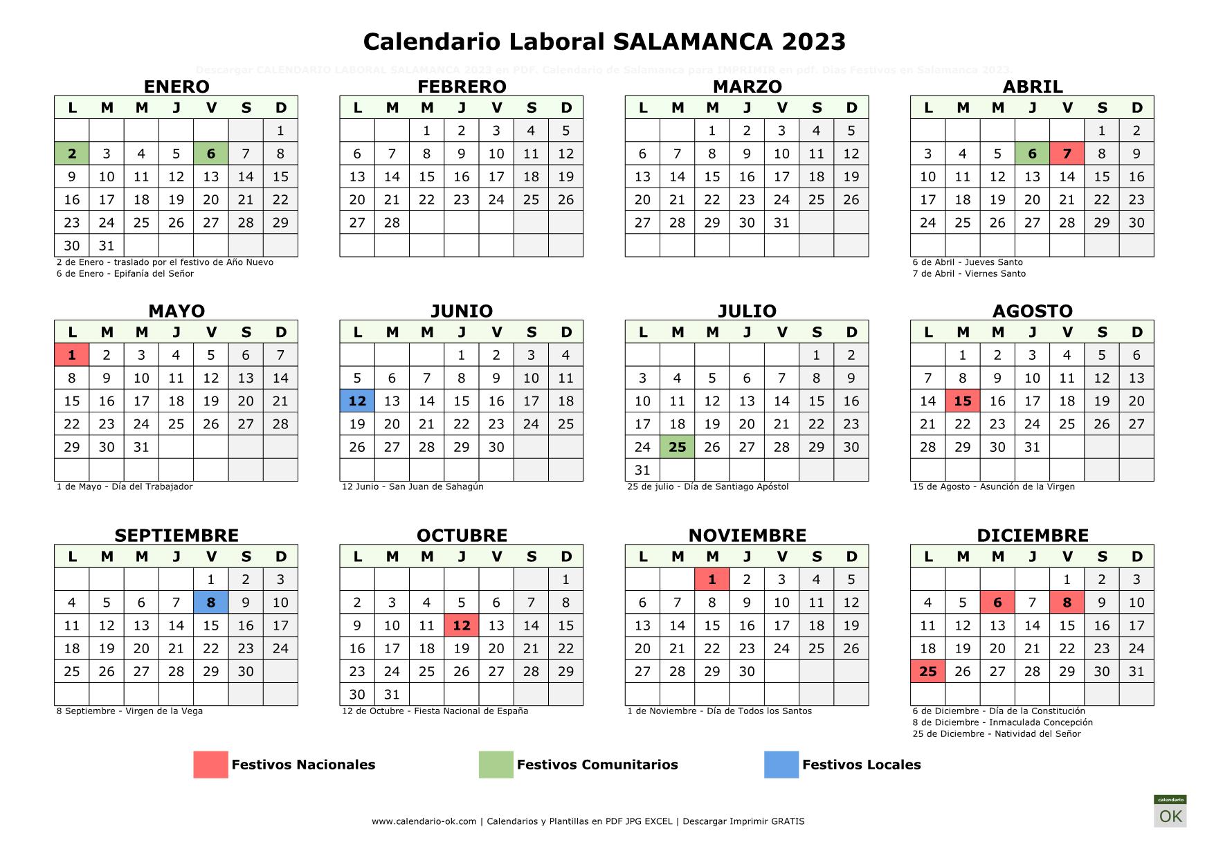 Calendario Laboral Salamanca 2023 horizontal