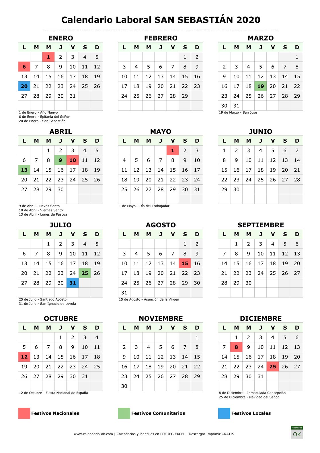 Calendario Laboral SAN SEBASTIÁN 2020