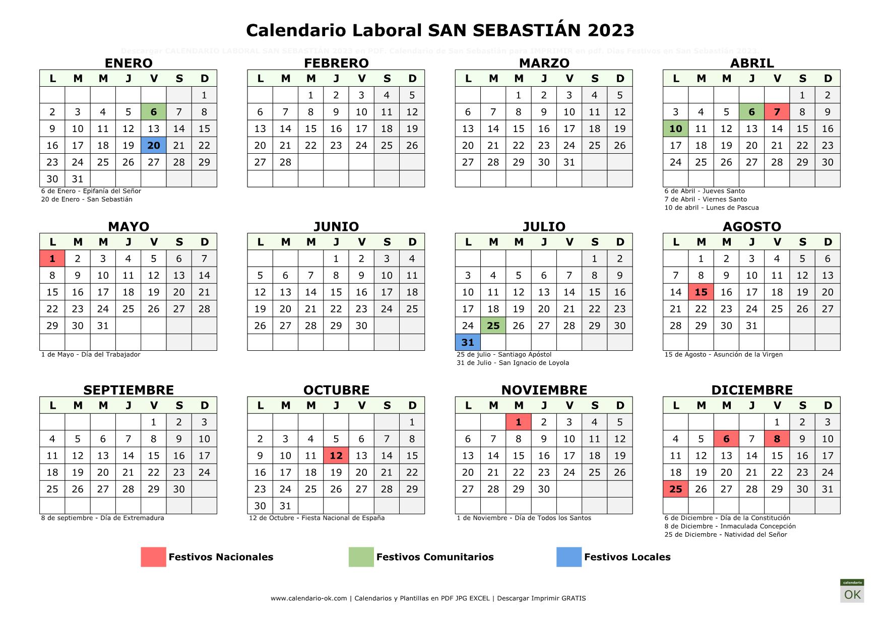 Calendario Laboral San Sebastián 2023 horizontal