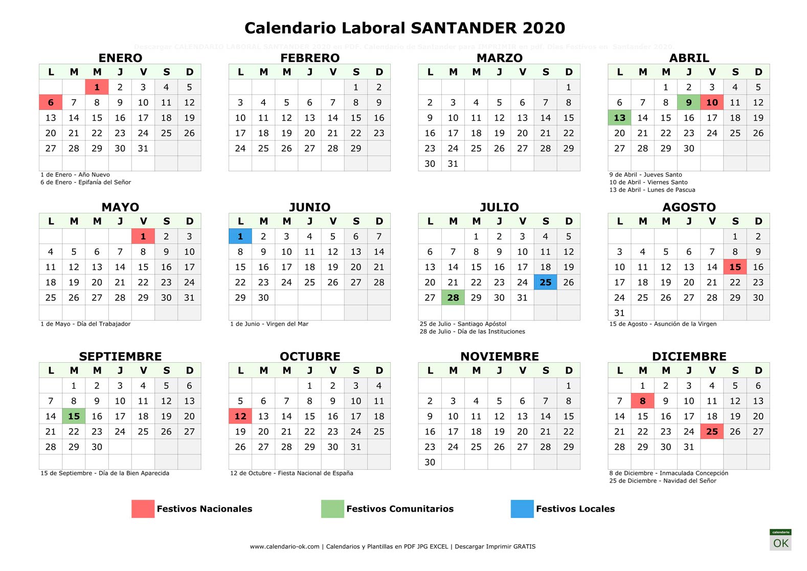Calendario Laboral SANTANDER 2020 horizontal