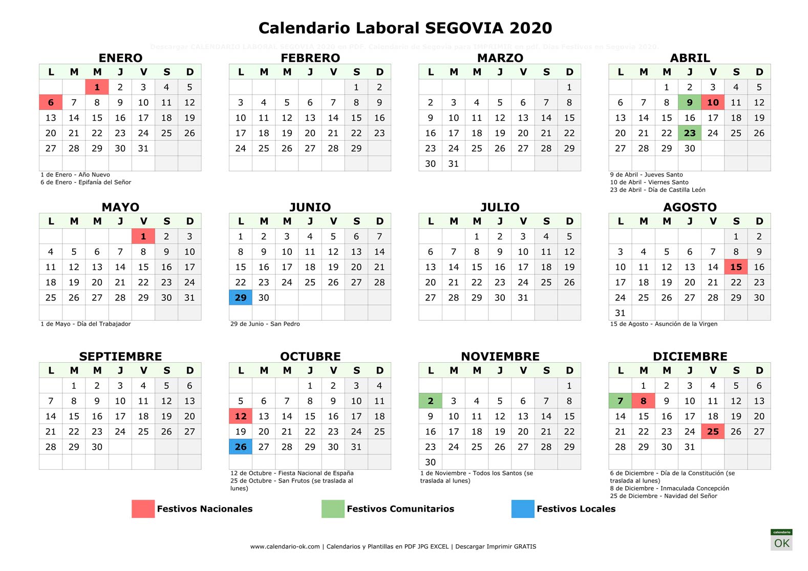 Calendario Laboral SEGOVIA 2020 horizontal
