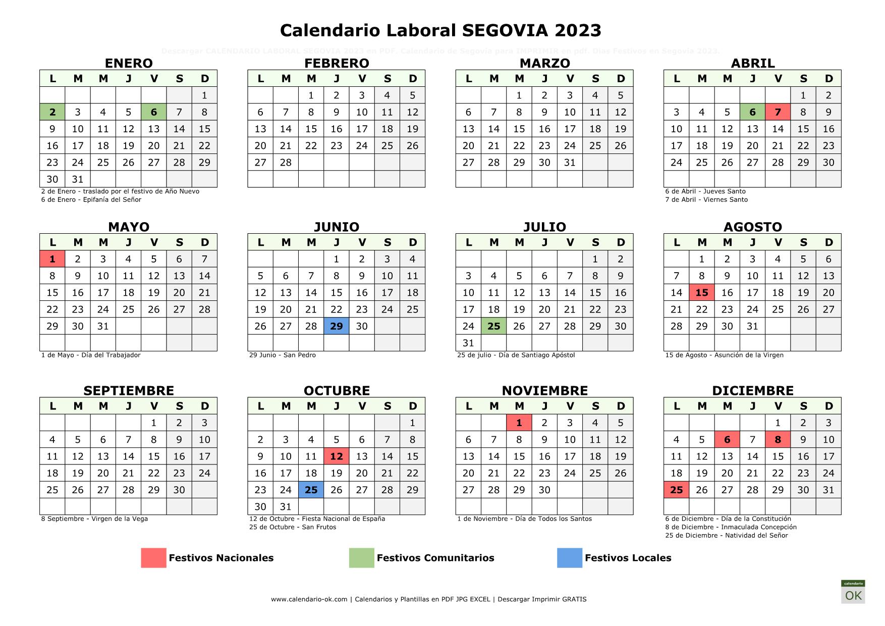 Calendario Laboral Segovia 2023 horizontal