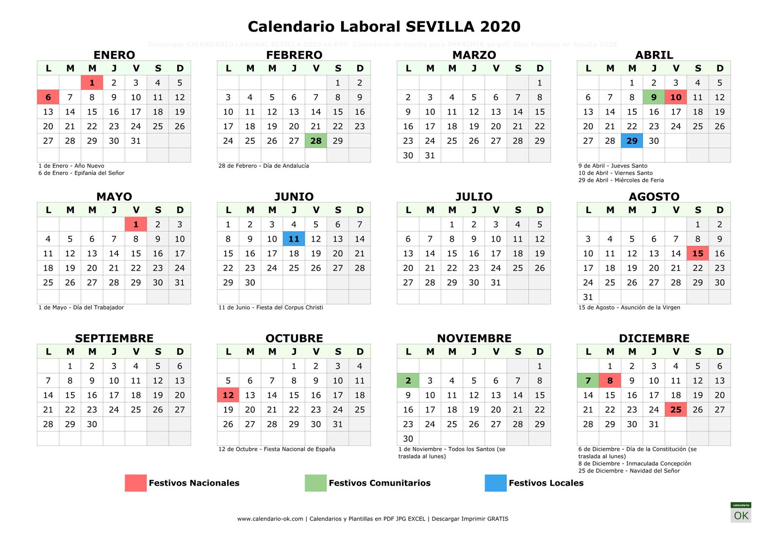 Calendario Laboral SEVILLA 2020 horizontal