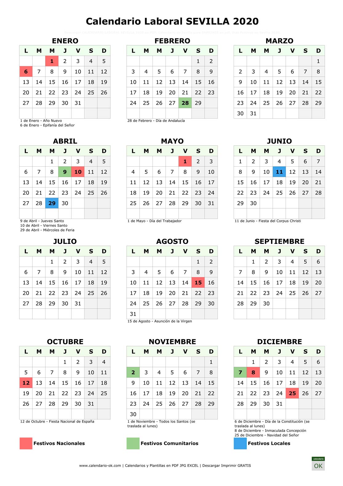 Calendario Laboral SEVILLA 2020