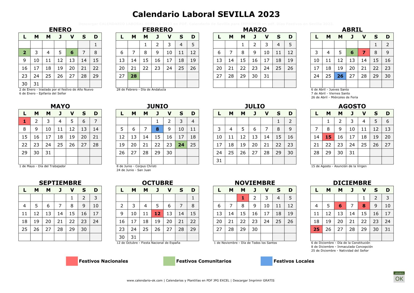 Calendario Laboral Sevilla 2023 horizontal