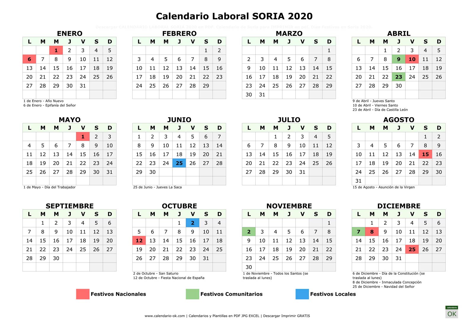 Calendario Laboral SORIA 2020 horizontal
