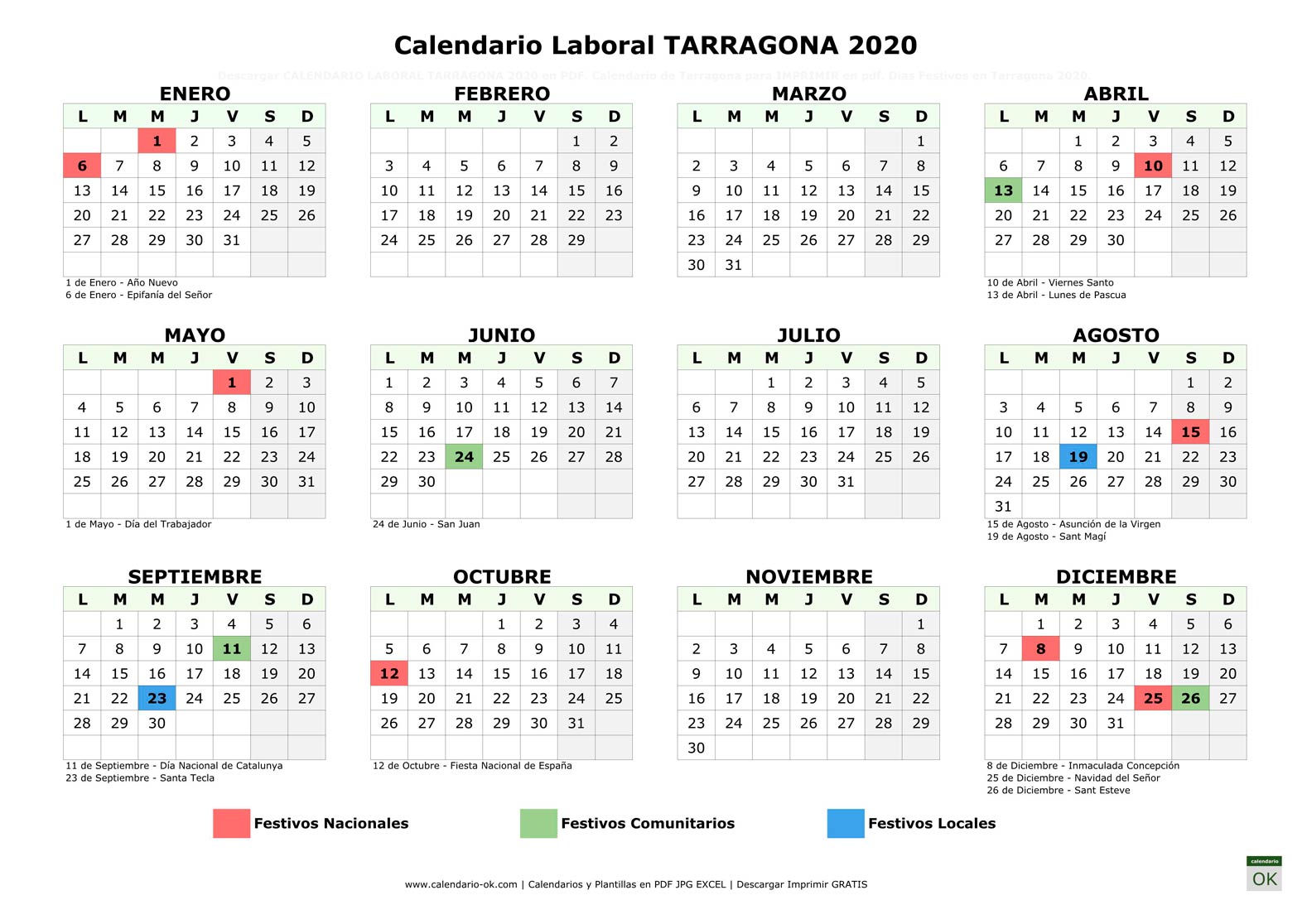 Calendario Laboral TARRAGONA 2020 horizontal
