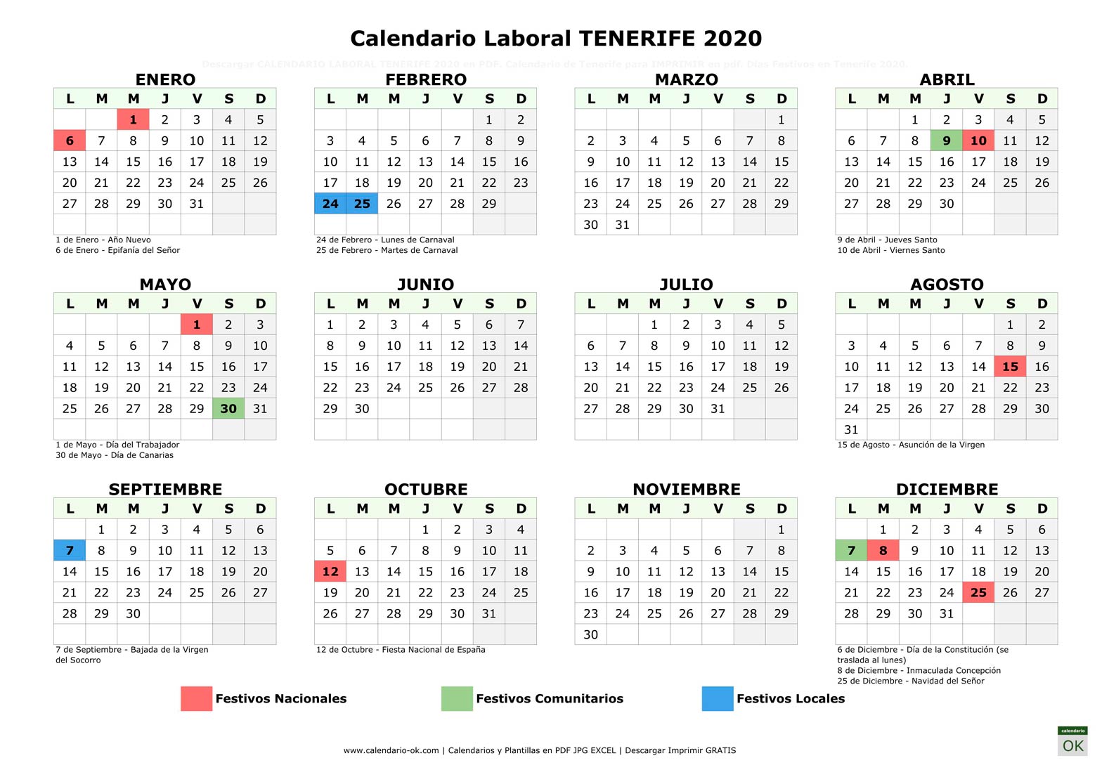 Calendario Laboral TENERIFE 2020 horizontal