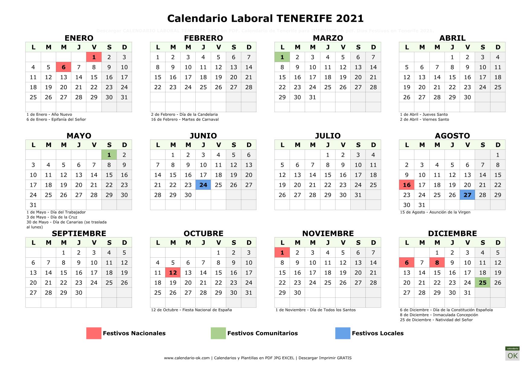 Calendario Laboral Tenerife 2021 horizontal