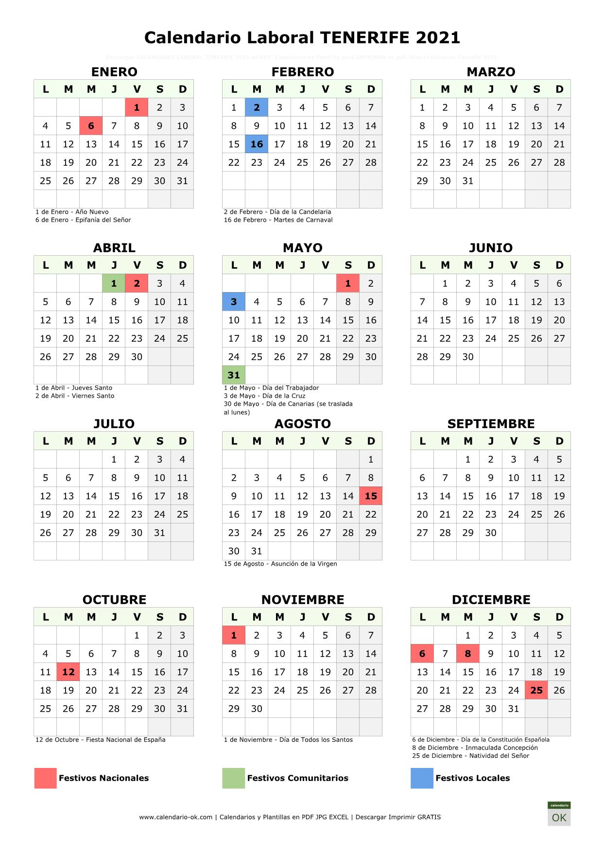 Calendario Laboral Tenerife 2021 vertical
