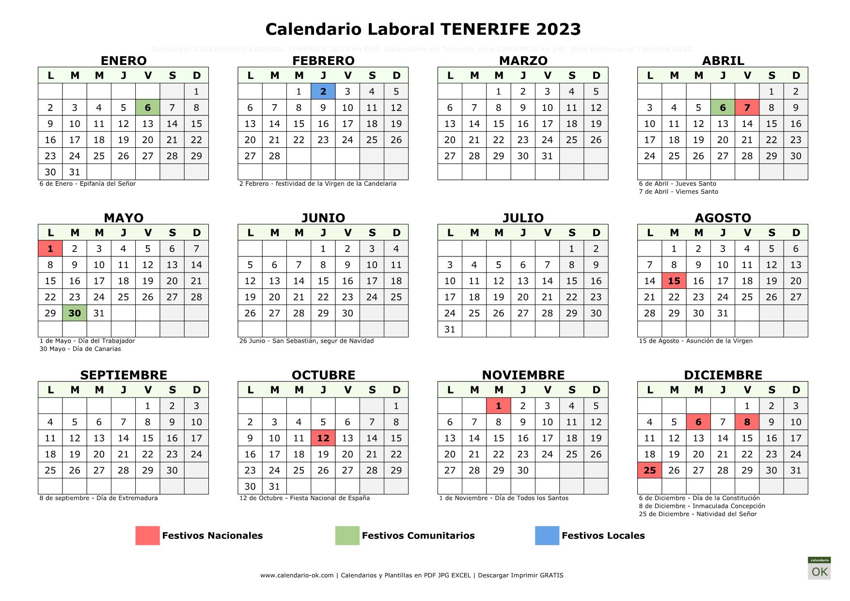 Calendario Laboral Tenerife 2023 horizontal