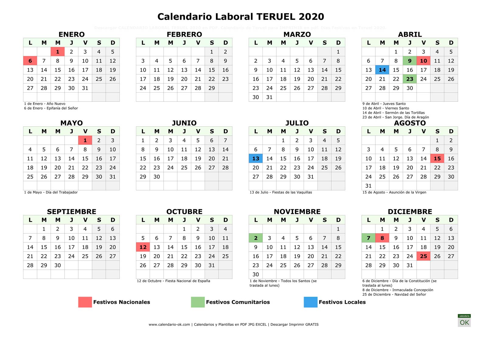 Calendario Laboral TERUEL 2020 horizontal