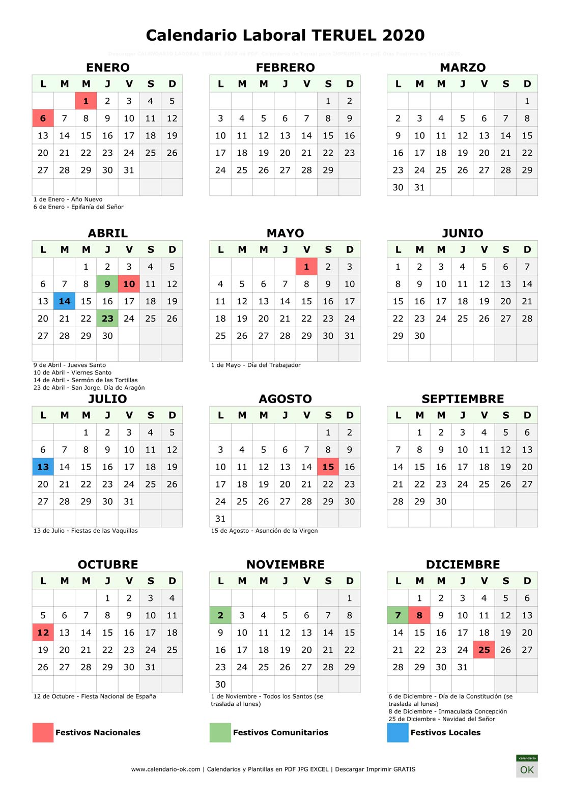 Calendario Laboral TERUEL 2020