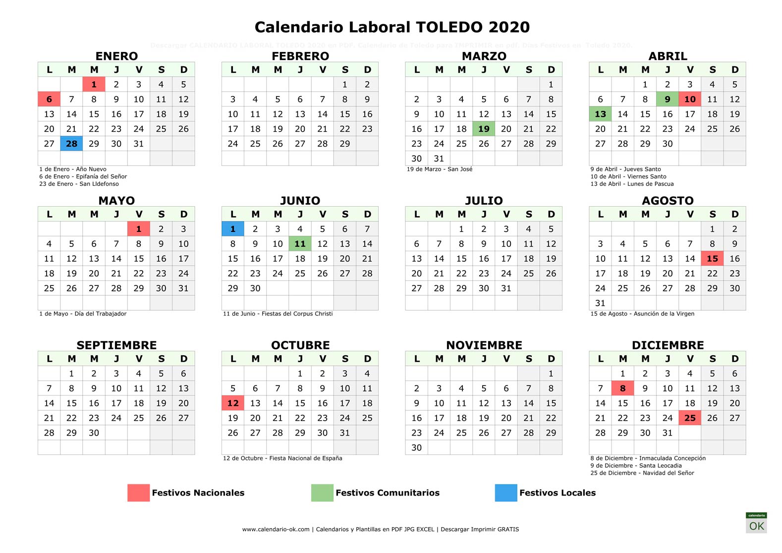 Calendario Laboral TOLEDO 2020 horizontal