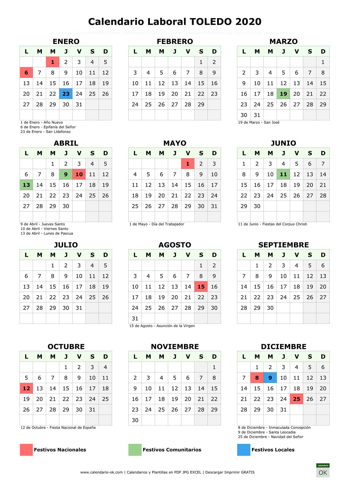 Calendario Laboral TOLEDO 2020