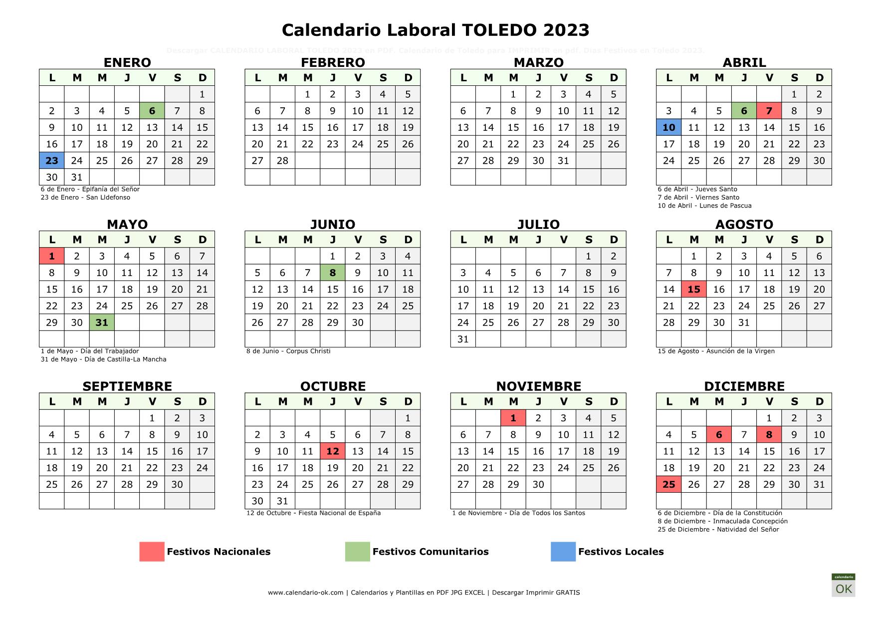 Calendario Laboral Toledo 2023 horizontal