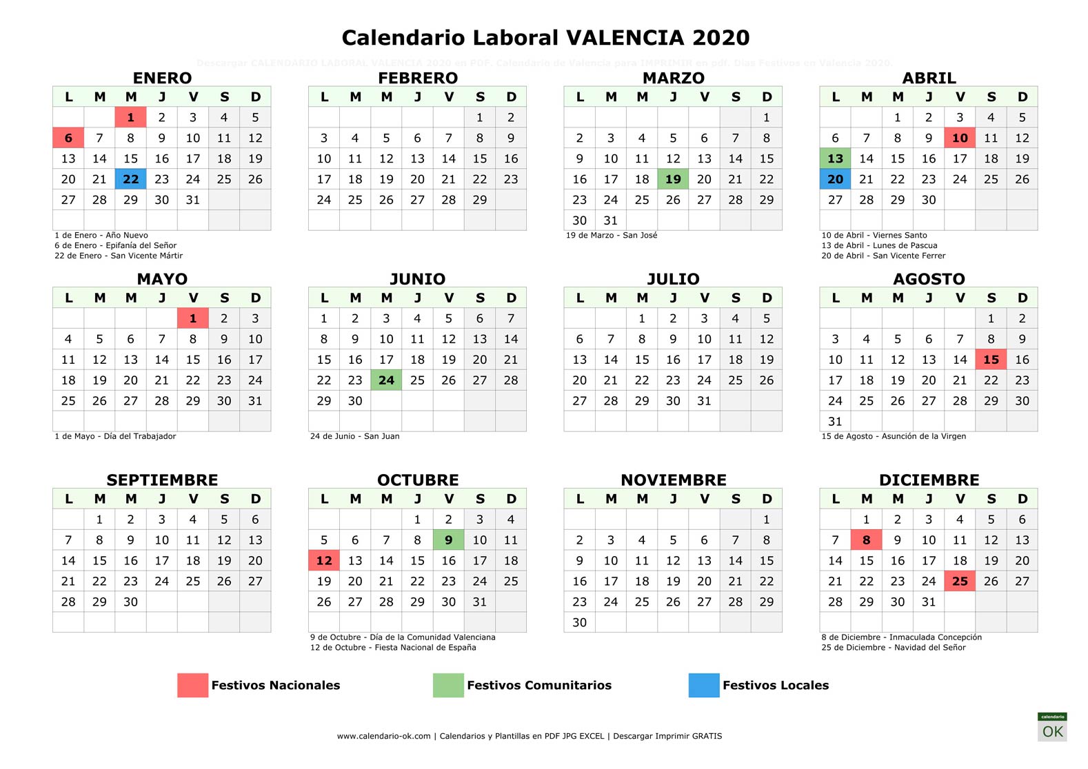 Calendario Laboral VALENCIA 2020 horizontal