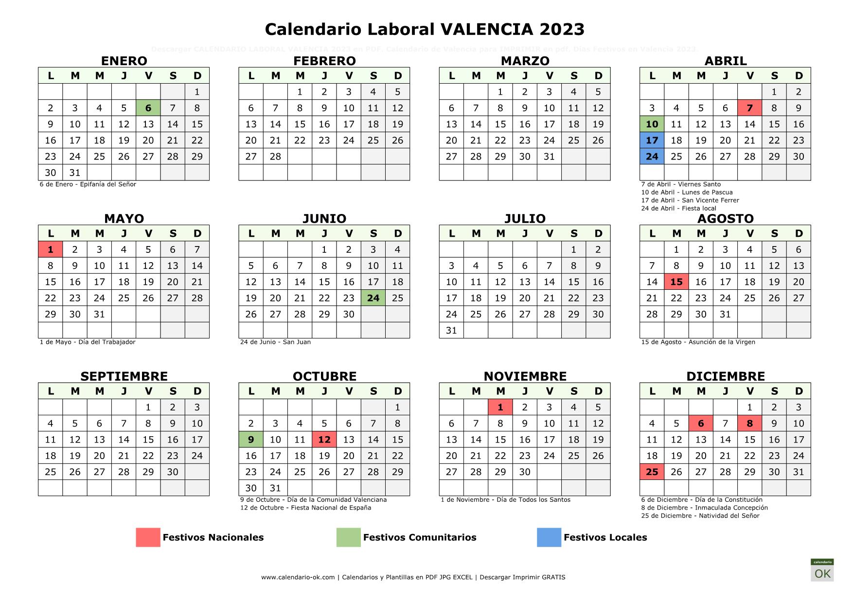 Calendario Laboral Valencia 2023 horizontal