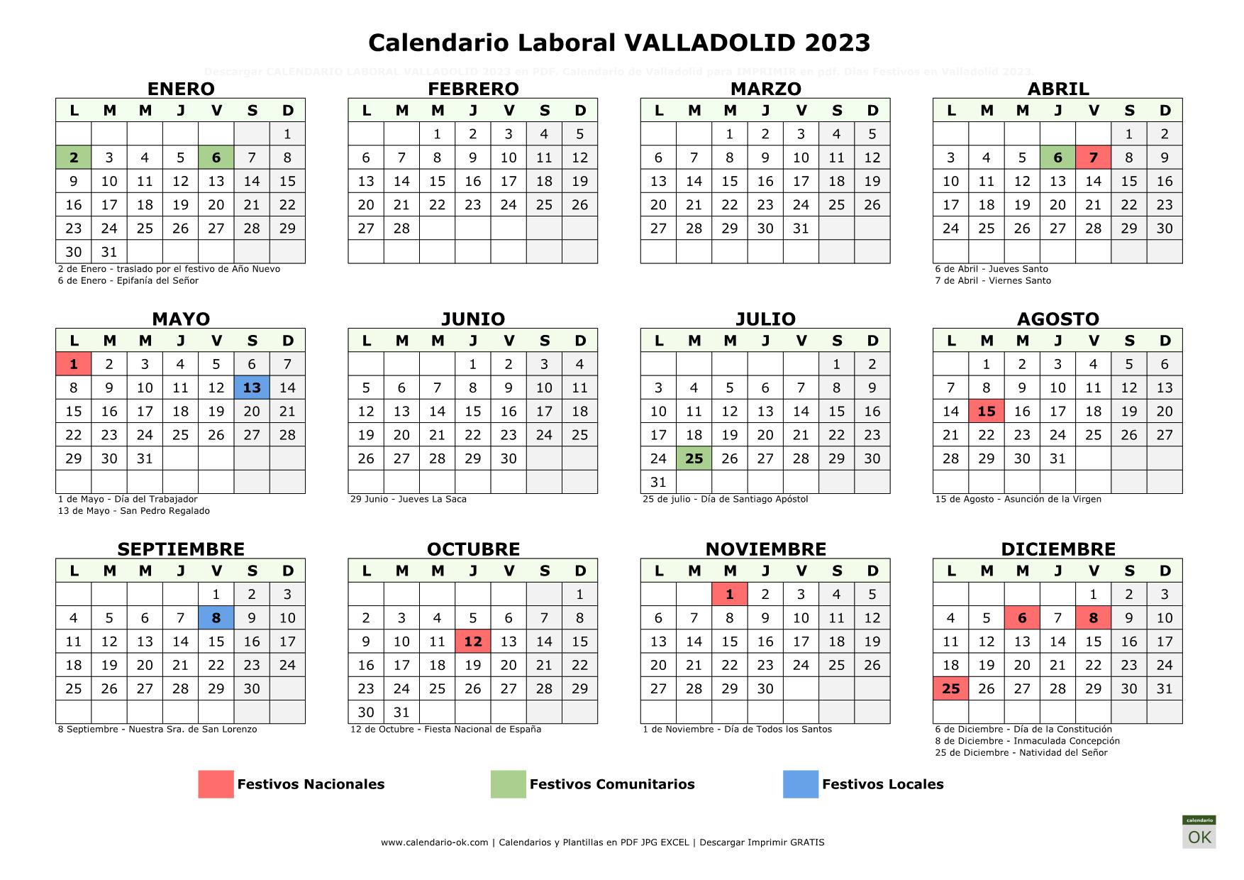 Calendario Laboral Valladolid 2023 horizontal