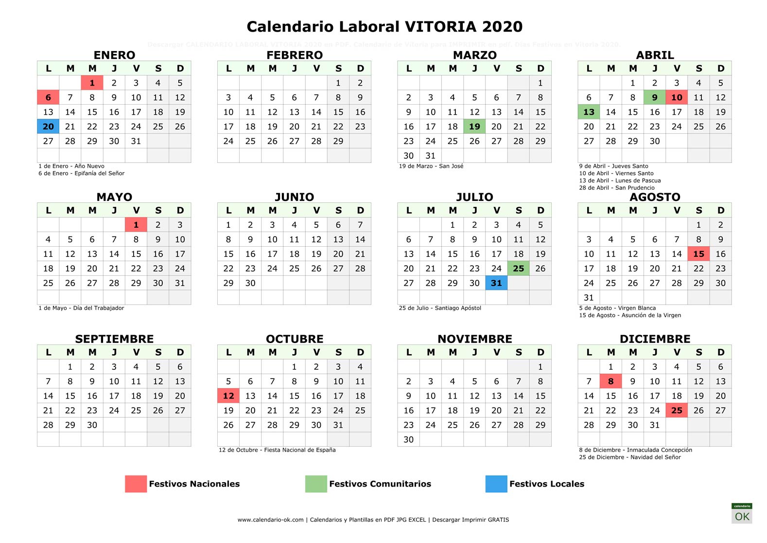 Calendario Laboral VITORIA 2020 horizontal