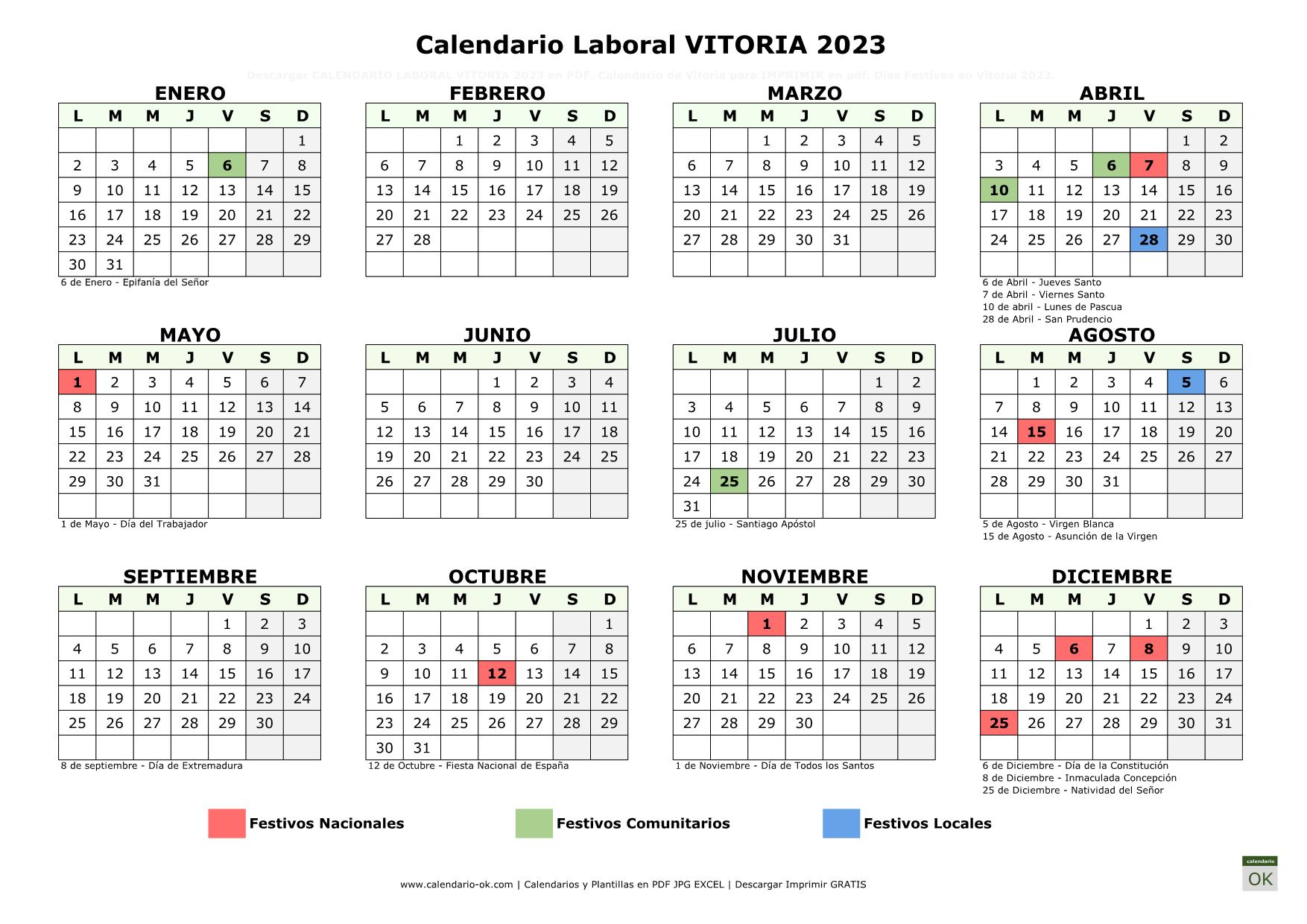 Calendario Laboral Vitoria 2023 horizontal