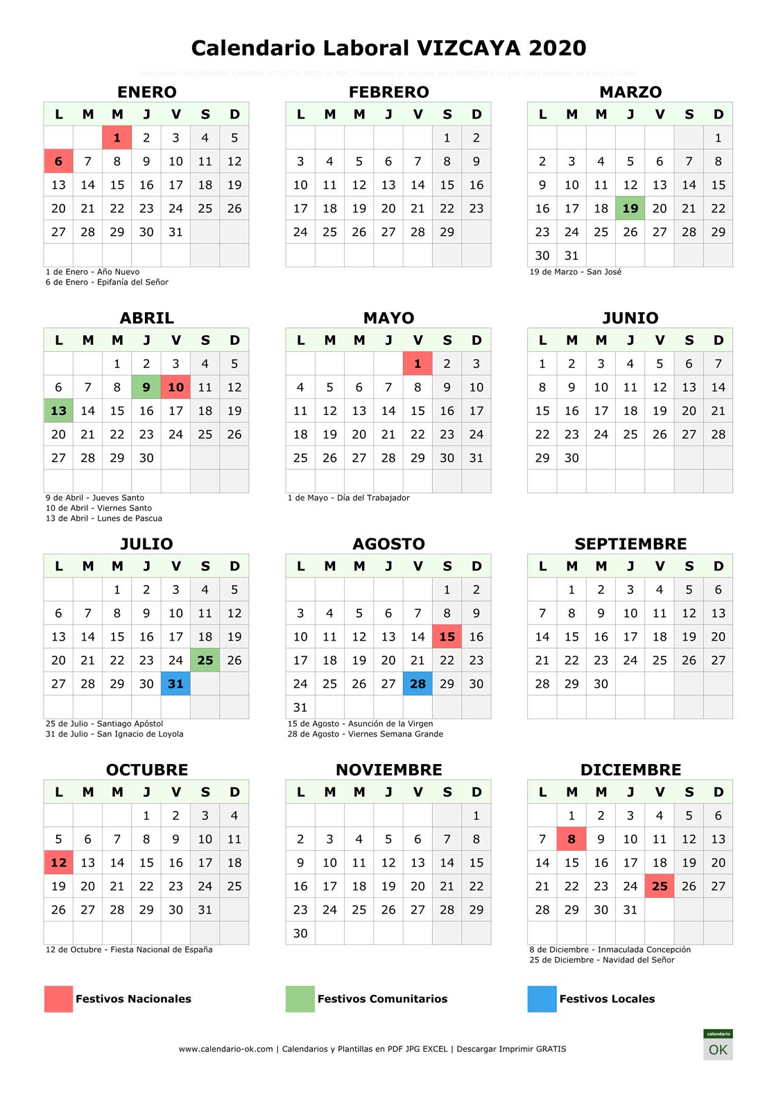 Festivos En Bizkaia 2023 ▷ Calendario Laboral 【VIZCAYA 2020】 para IMPRIMIR