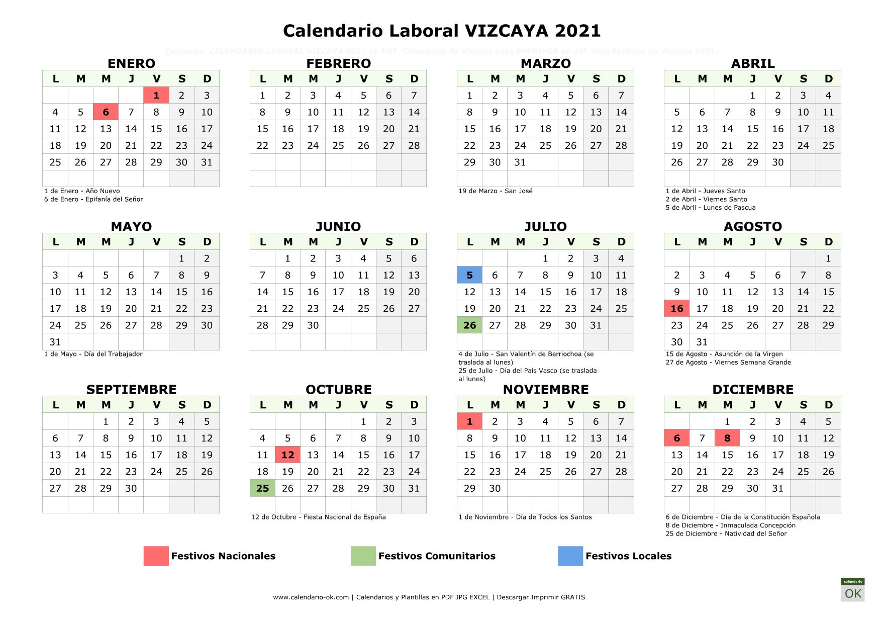 Calendario Laboral 【VIZCAYA 2021】 para IMPRIMIR