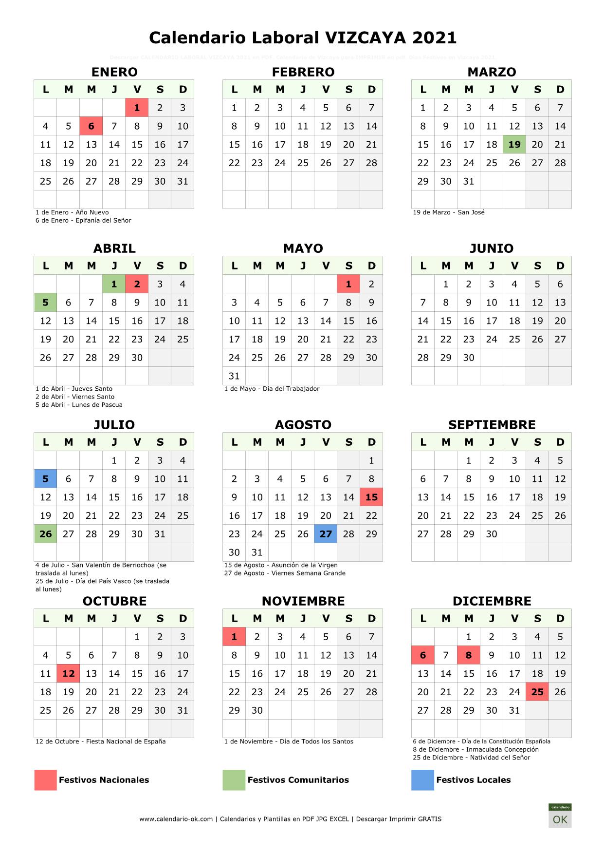 Festivos En Vizcaya 2023 ▷ Calendario Laboral 【VIZCAYA 2021】 para IMPRIMIR
